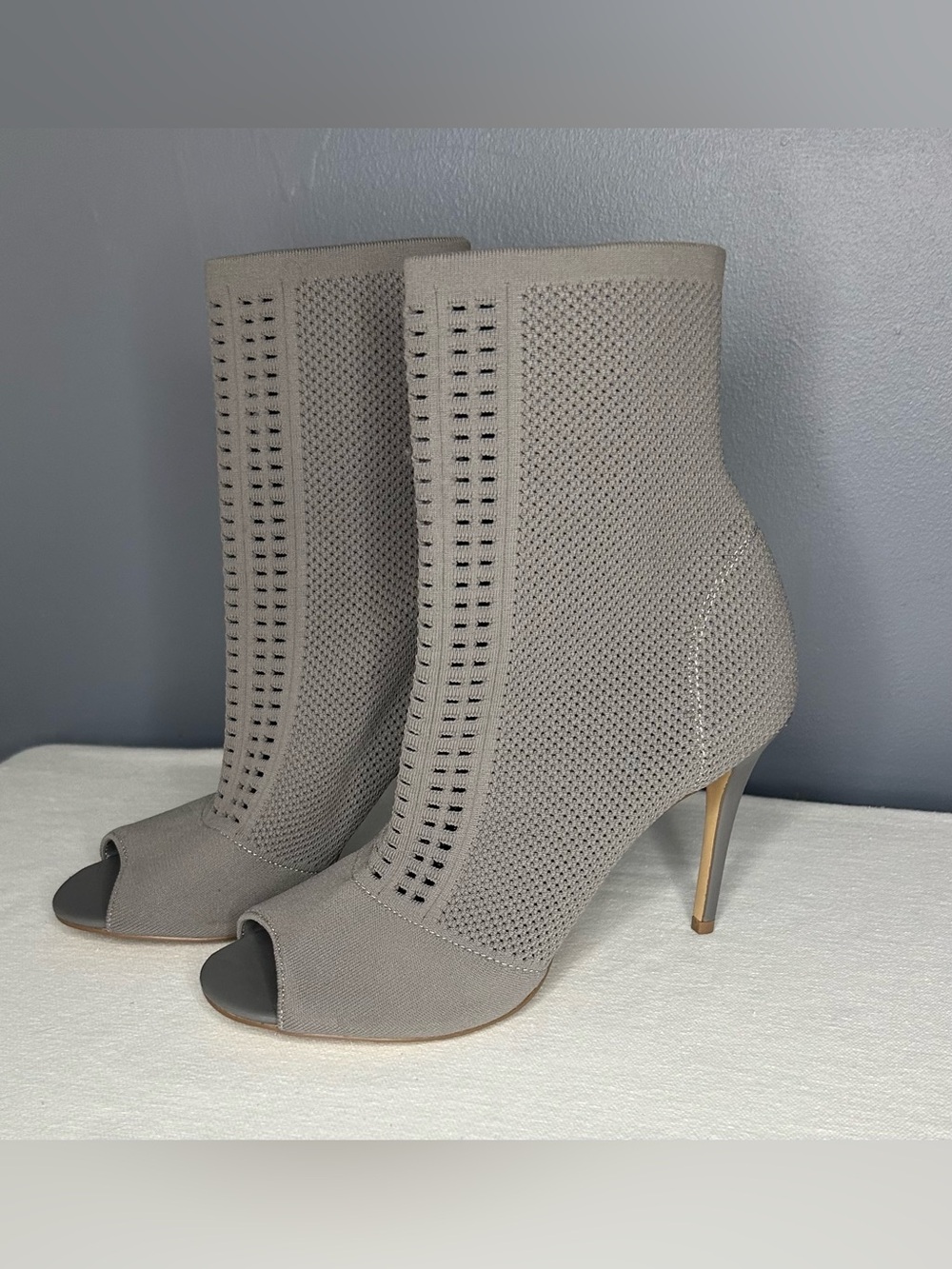 Charles Charles David Sock Boots Womens 10 Gray Peep Toe Ankle Stiletto Pull On